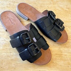 Marsey Italian Black Leather Slip On Two Buckle Flat Sandals